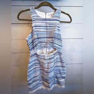 Beachy Dream of a Dress - Fitted, Blue Woven Pattern with Midriff Cut Out